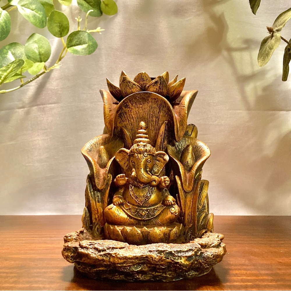 Gold ganesha backflow incense burner statue